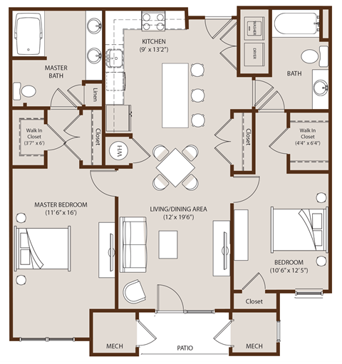 Floor plan for 2 beds, 2 baths, 1100 sqft